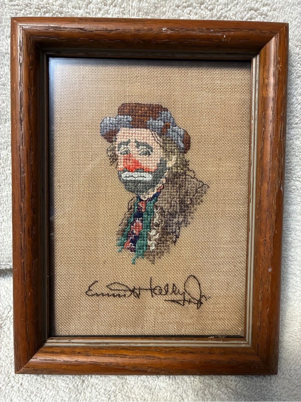 Vintage Framed Hand Embroidered Clown Weary Willy Emmett Kelly in Oak Frame